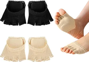 2 Pairs Open Five Toes Half Socks, Forefoot Pads Half Socks, Women Lace Toeless Socks, Breathable Sweat-Absorbent Peep Toe Socks, Anti Slip No Show Socks for Heels Sandals Flat Shoes(Black, Skin)