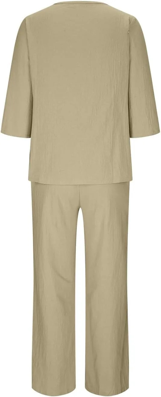 2 Piece Outfits Solid Color Loose for Women Linen Sets Summer Casual Suit 3/4 Sleeve Top Wide Leg Pants with Pockets
