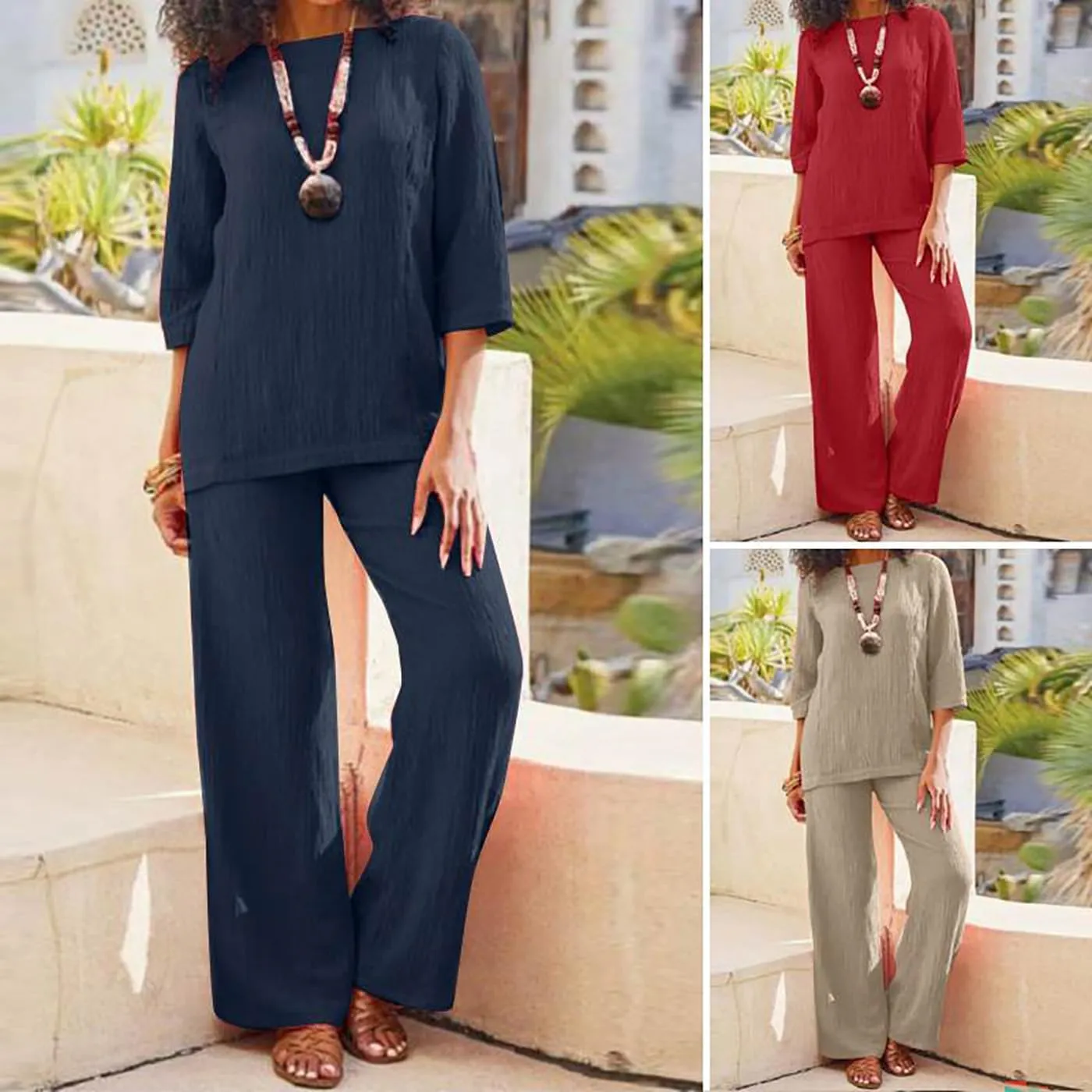 2 Piece Outfits Solid Color Loose for Women Linen Sets Summer Casual Suit 3/4 Sleeve Top Wide Leg Pants with Pockets