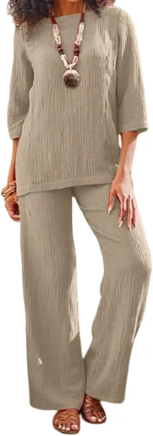 2 Piece Outfits Solid Color Loose for Women Linen Sets Summer Casual Suit 3/4 Sleeve Top Wide Leg Pants with Pockets