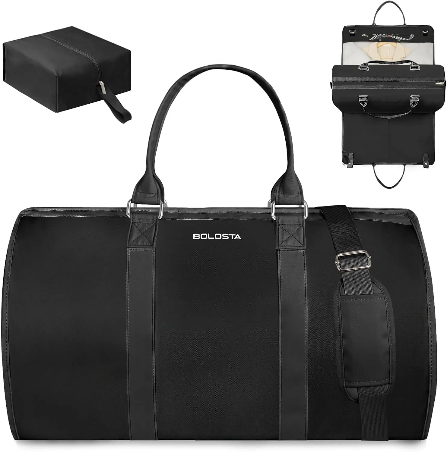 3Pcs Garment Duffle Bags for Travel Convertible Carry on Garment Bag for Women Men Travel Duffle Bag Includes Shoe Pouch & Hanging Suit Bag for Clothes/Dresses, Black