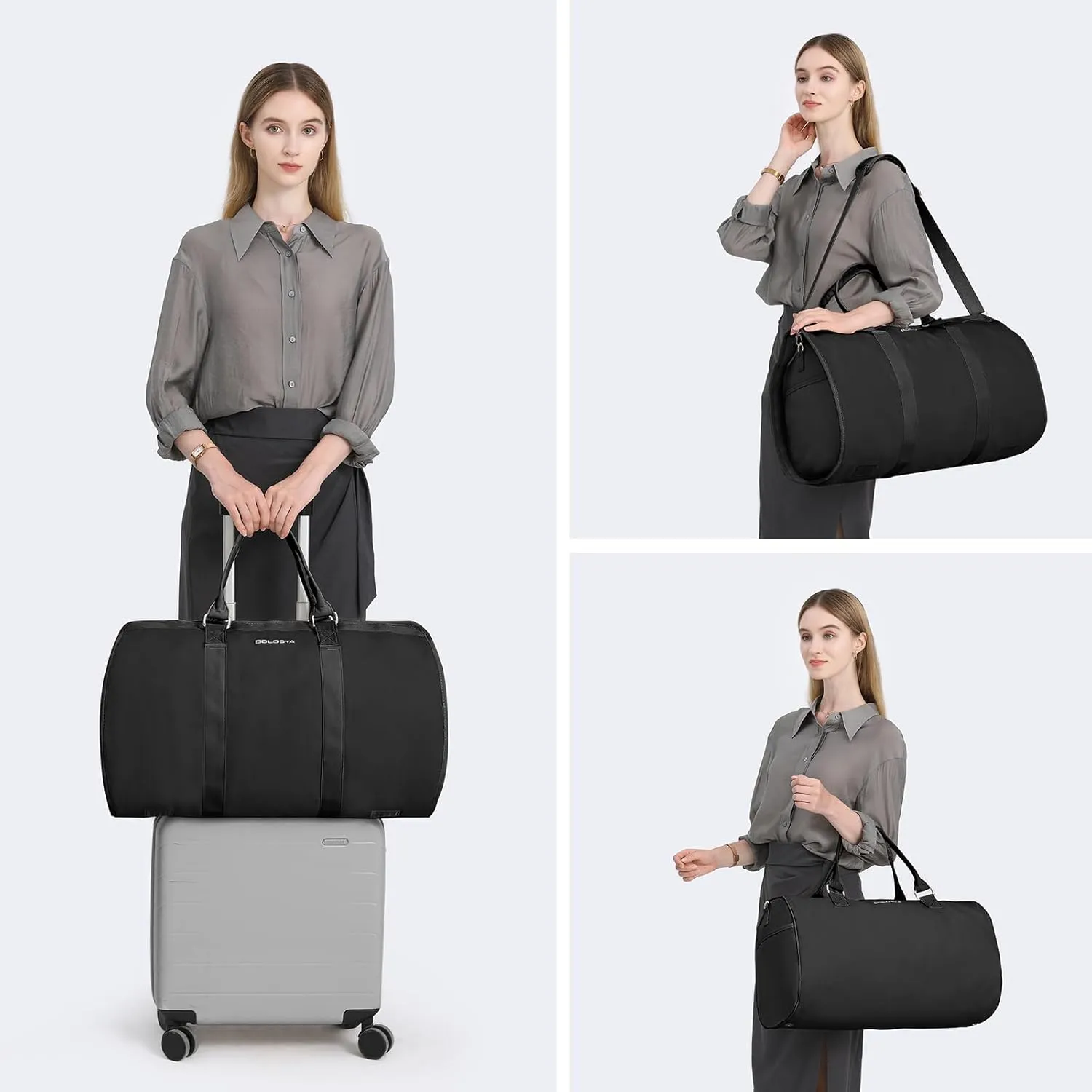 3Pcs Garment Duffle Bags for Travel Convertible Carry on Garment Bag for Women Men Travel Duffle Bag Includes Shoe Pouch & Hanging Suit Bag for Clothes/Dresses, Black