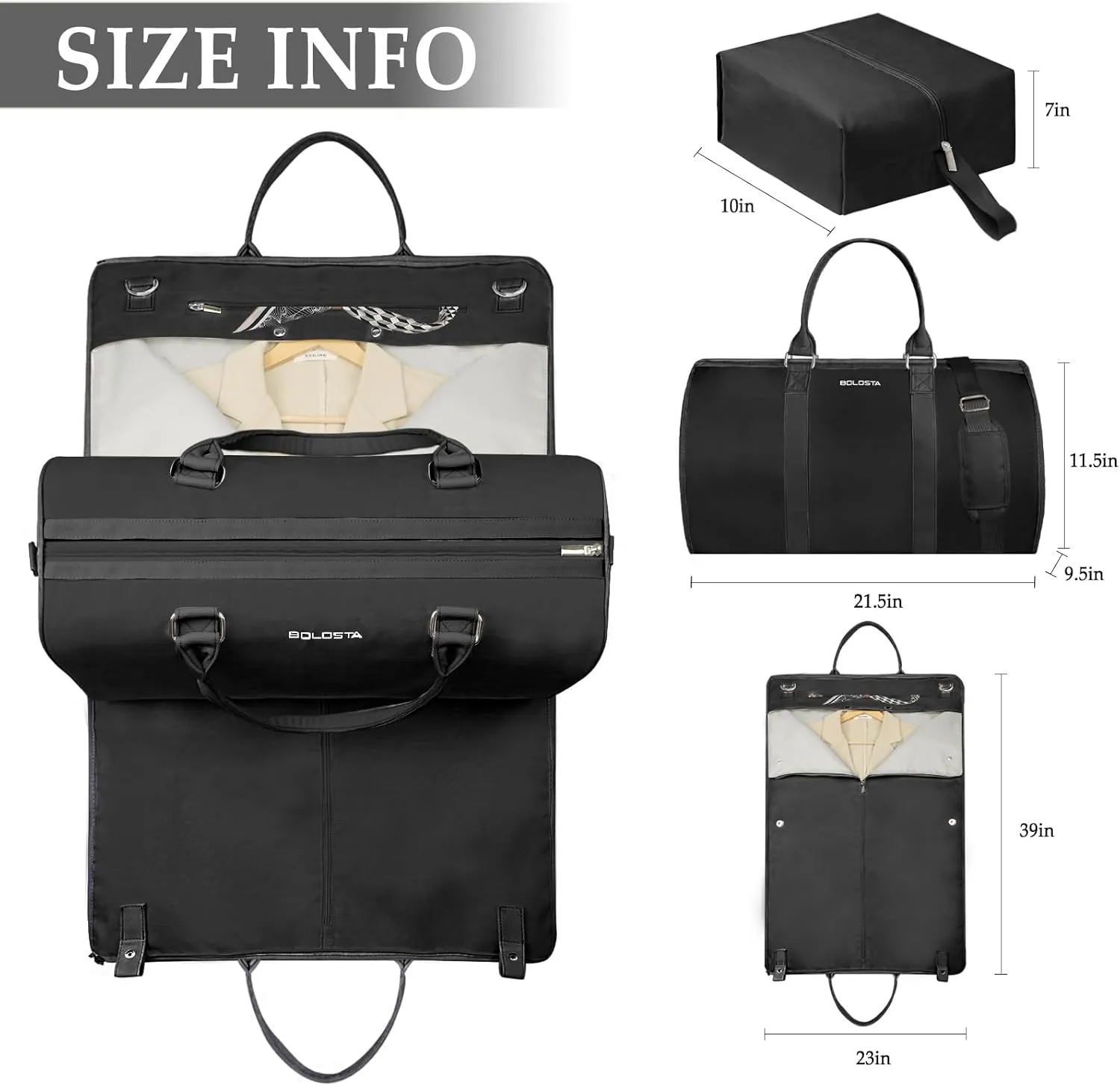 3Pcs Garment Duffle Bags for Travel Convertible Carry on Garment Bag for Women Men Travel Duffle Bag Includes Shoe Pouch & Hanging Suit Bag for Clothes/Dresses, Black