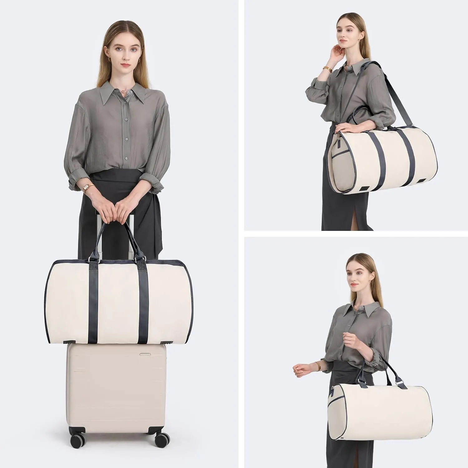 3Pcs Garment Duffle Bags for Travel Convertible Carry on Garment Bag for Women Men Travel Duffle Bag Includes Shoe Pouch & Hanging Suit Bag for Clothes/Dresses, Gray