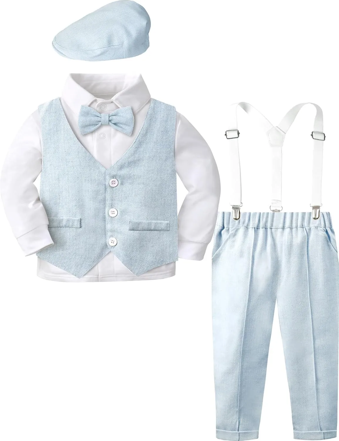 A&J DESIGN 5pcs Baby Boys Suit, 12 Months - 3T, Shirt & Pants & Vest & Hat & Bow Tie