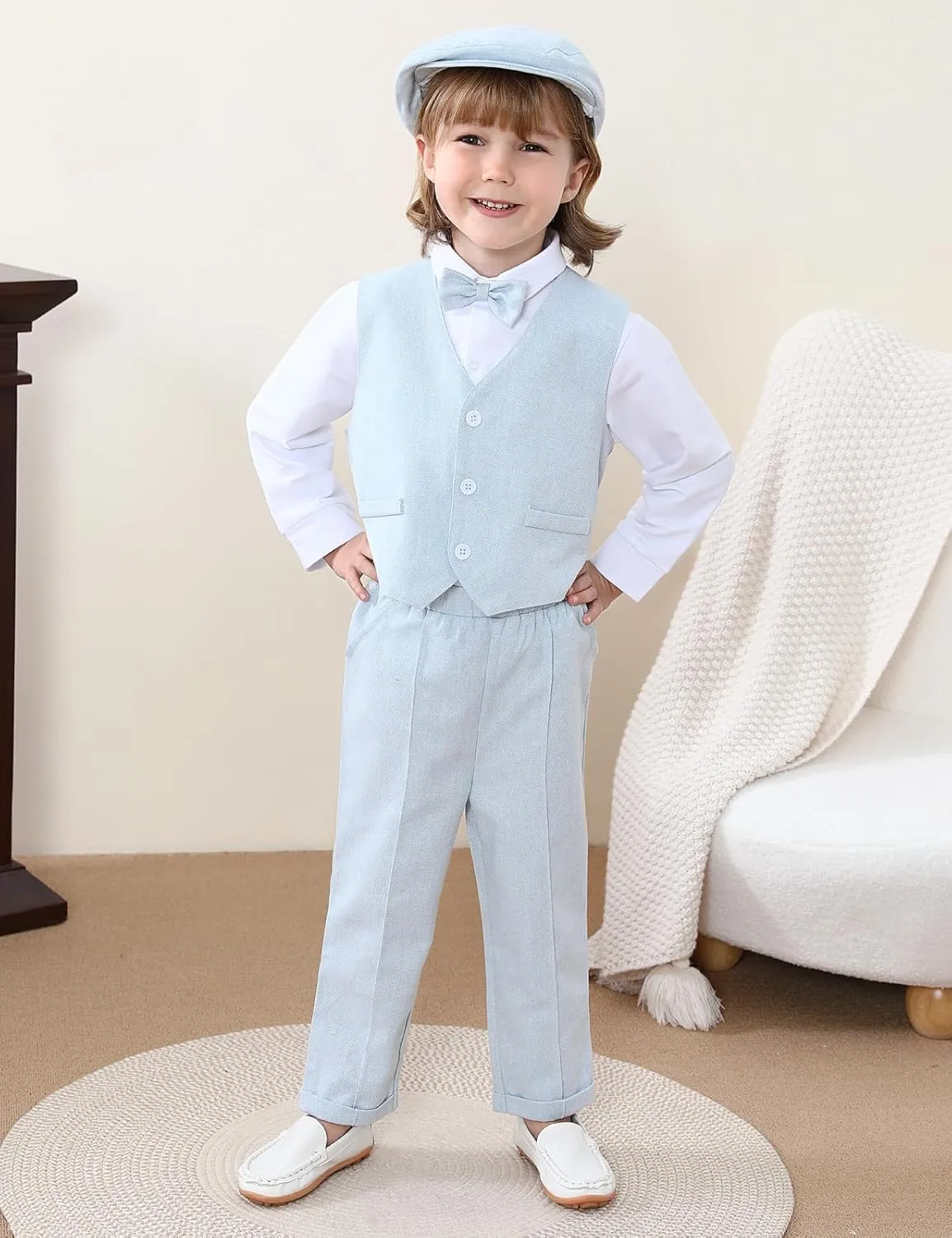 A&J DESIGN 5pcs Baby Boys Suit, 12 Months - 3T, Shirt & Pants & Vest & Hat & Bow Tie