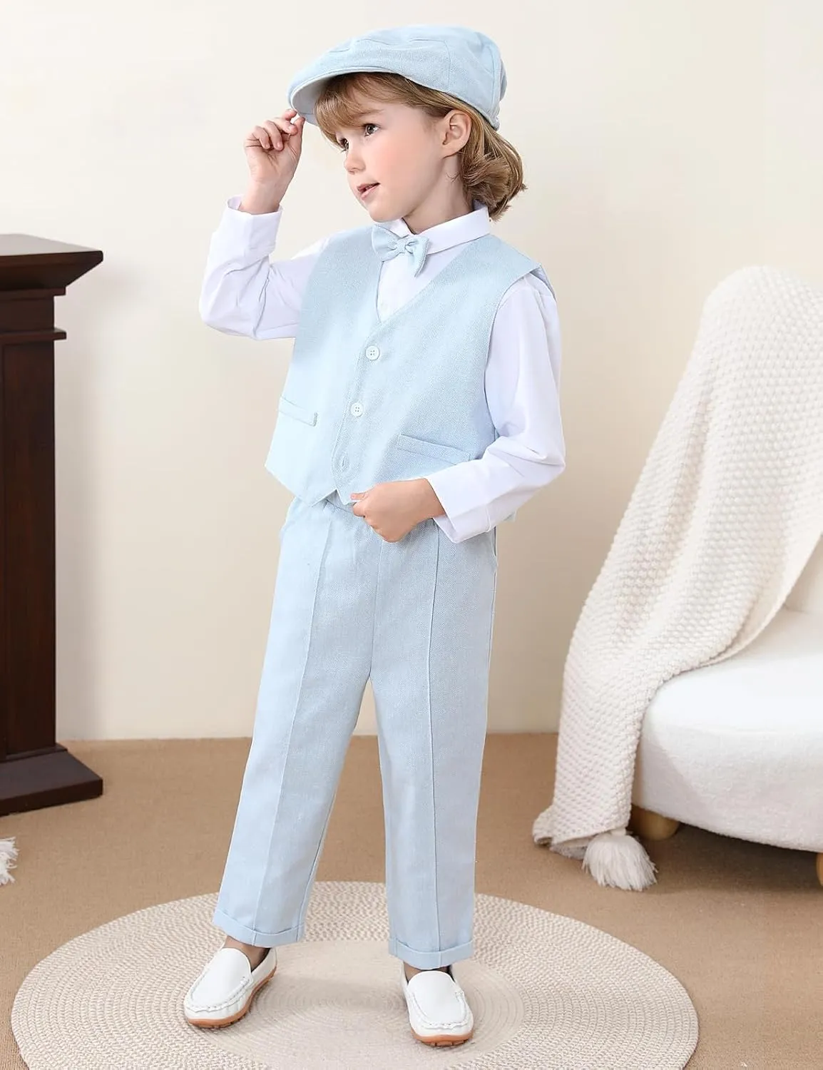 A&J DESIGN 5pcs Baby Boys Suit, 12 Months - 3T, Shirt & Pants & Vest & Hat & Bow Tie