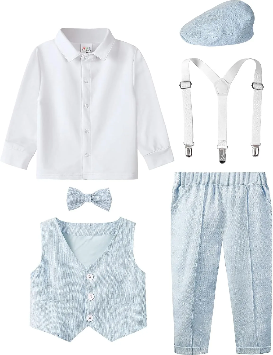 A&J DESIGN 5pcs Baby Boys Suit, 12 Months - 3T, Shirt & Pants & Vest & Hat & Bow Tie