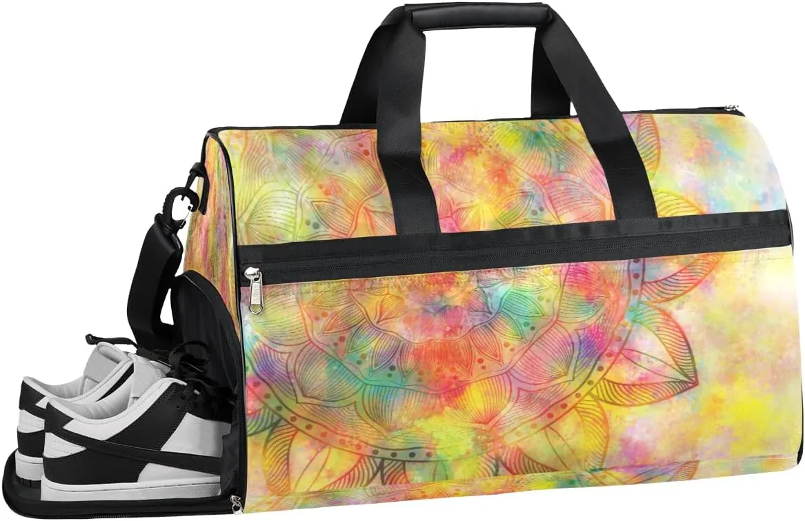 Abstract Ancient Mandala Resistant Sports Gym Bag for Women Men Travel Duffel bag with Wet Pocket & Shoes Compartment Waterproof Weekender Bag 19.7"x9.9"x13"