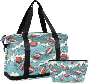 ALAZA American Football Balls Ocean Waves Gym Bag Sports Duffel Bag with Shoes Compartment, Overnight Weekender Travel Tote Bag for Women Men Trip College