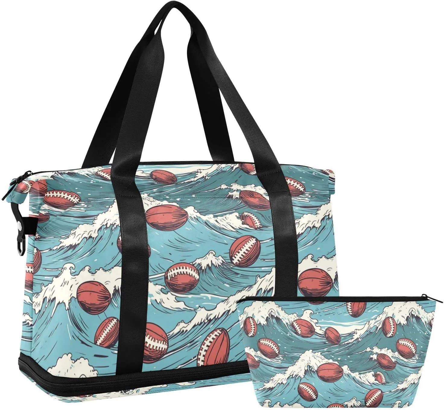 ALAZA American Football Balls Ocean Waves Gym Bag Sports Duffel Bag with Shoes Compartment, Overnight Weekender Travel Tote Bag for Women Men Trip College