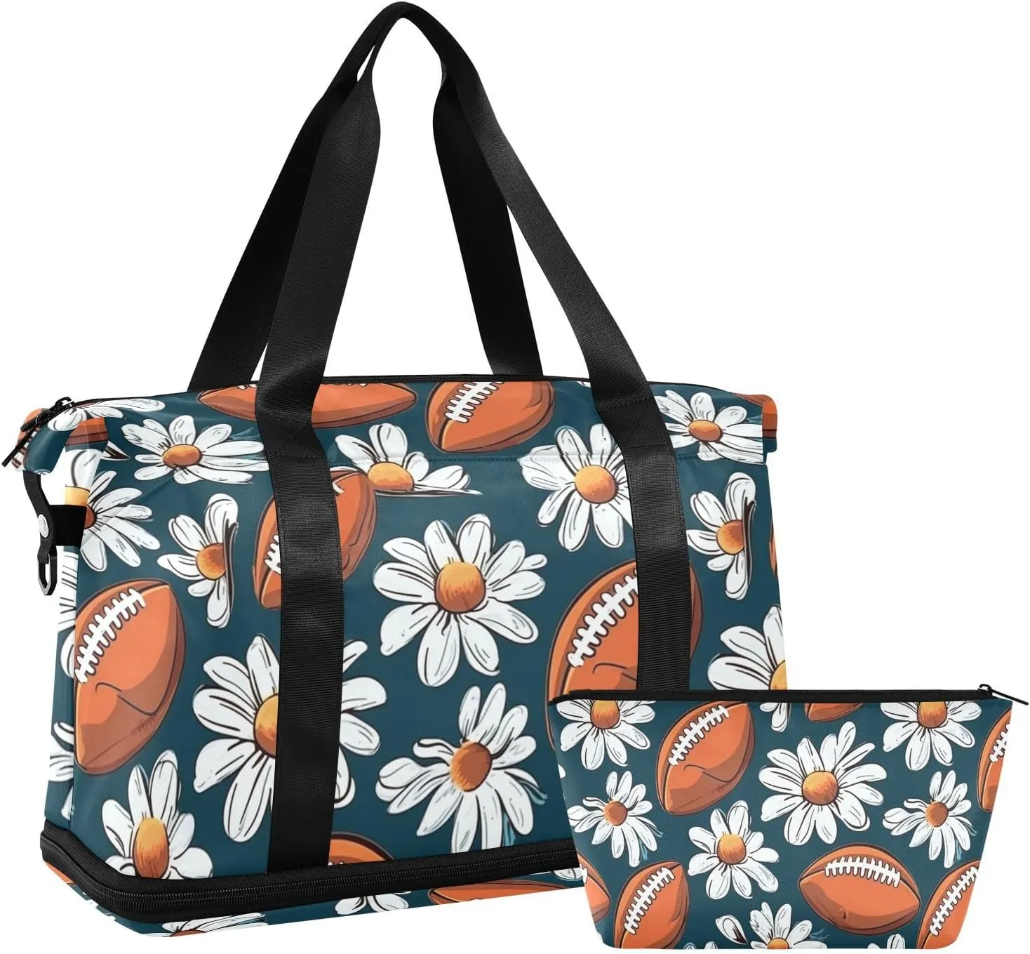 ALAZA American Football Balls White Flowers Gym Bag Sports Duffel Bag with Shoes Compartment, Overnight Weekender Travel Tote Bag for Women Men Trip College