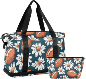 ALAZA American Football Balls White Flowers Gym Bag Sports Duffel Bag with Shoes Compartment, Overnight Weekender Travel Tote Bag for Women Men Trip College