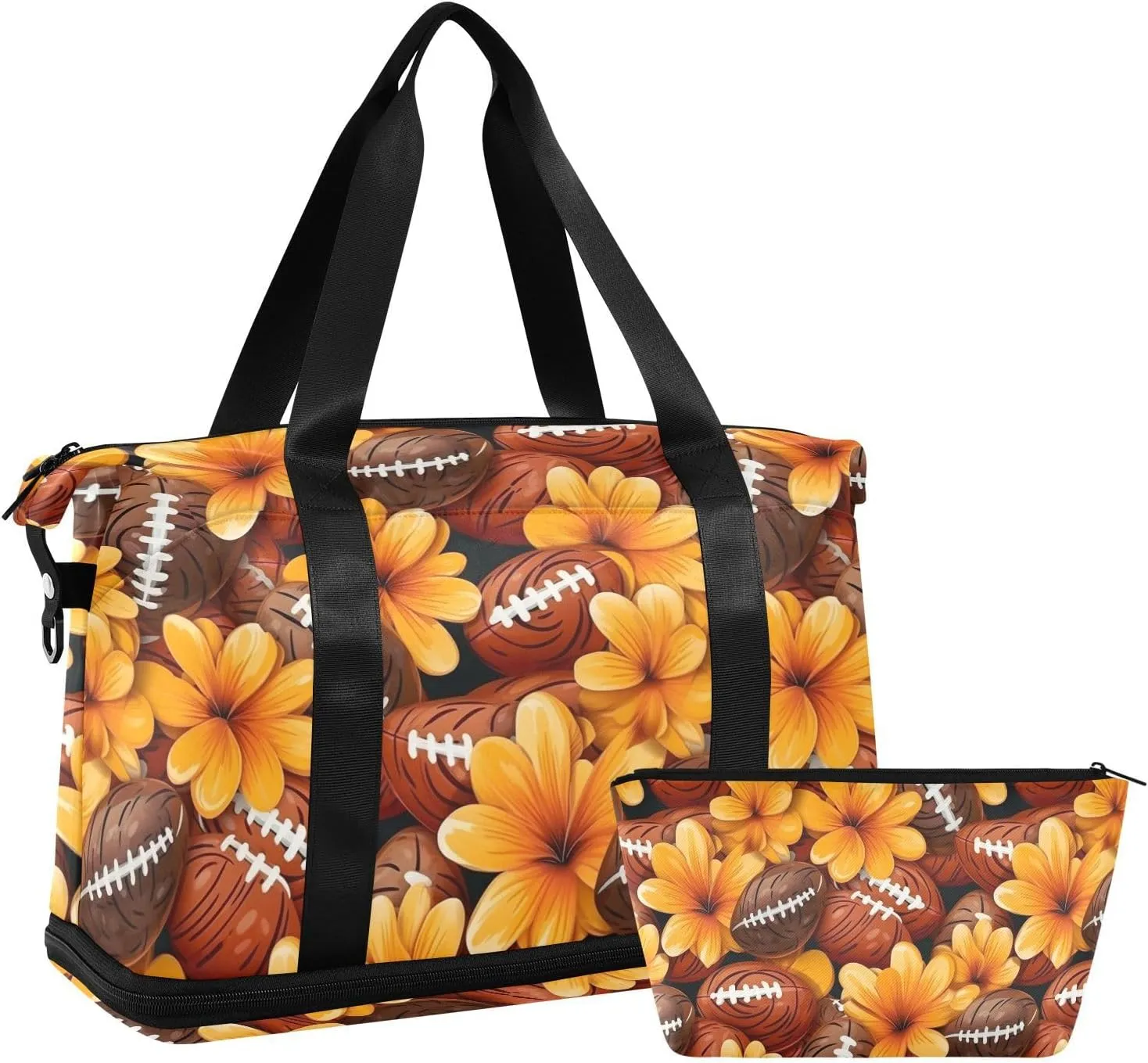 ALAZA American Football Balls Yellow Flowers Gym Bag Sports Duffel Bag with Shoes Compartment, Overnight Weekender Travel Tote Bag for Women Men Trip College