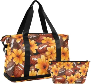 ALAZA American Football Balls Yellow Flowers Gym Bag Sports Duffel Bag with Shoes Compartment, Overnight Weekender Travel Tote Bag for Women Men Trip College