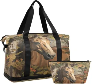 ALAZA Brown Horse Floral Plant Spring Gym Bag Sports Duffel Bag with Shoes Compartment, Overnight Weekender Travel Tote Bag for Women Men Trip College