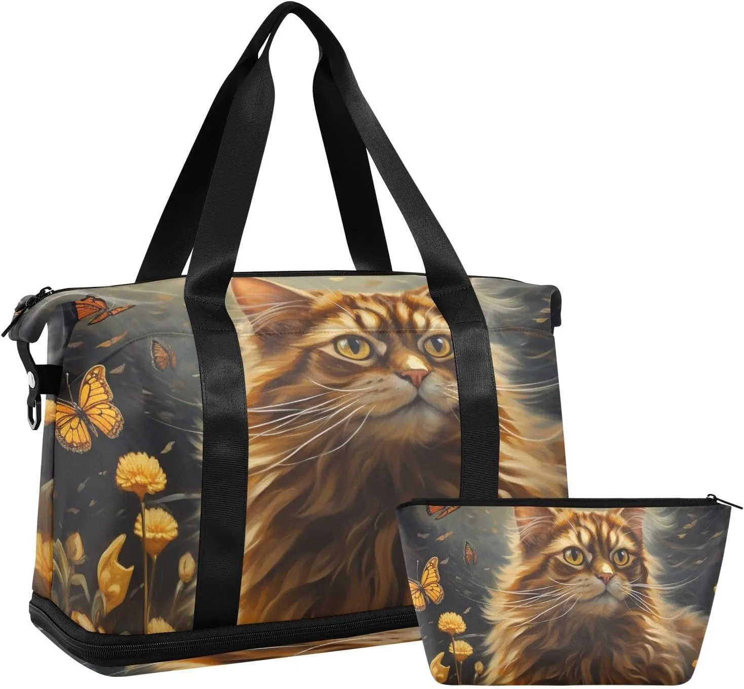 ALAZA Cat Butterflies Yellow Flowers Gym Bag Sports Duffel Bag with Shoes Compartment, Overnight Weekender Travel Tote Bag for Women Men Trip College