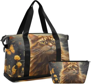 ALAZA Cat Butterflies Yellow Flowers Gym Bag Sports Duffel Bag with Shoes Compartment, Overnight Weekender Travel Tote Bag for Women Men Trip College