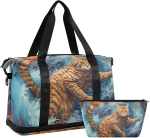 ALAZA Cat Surfing in The Ocean Gym Bag Sports Duffel Bag with Shoes Compartment, Overnight Weekender Travel Tote Bag for Women Men Trip College