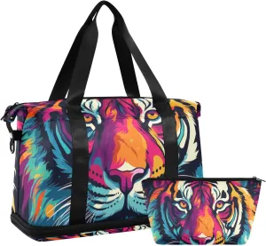 ALAZA Colorful Tiger in Pop Style Gym Bag Sports Duffel Bag with Shoes Compartment, Overnight Weekender Travel Tote Bag for Women Men Trip College