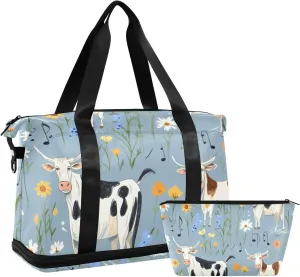 ALAZA Cows Flowers Musical Notes Gym Bag Sports Duffel Bag with Shoes Compartment, Overnight Weekender Travel Tote Bag for Women Men Trip College