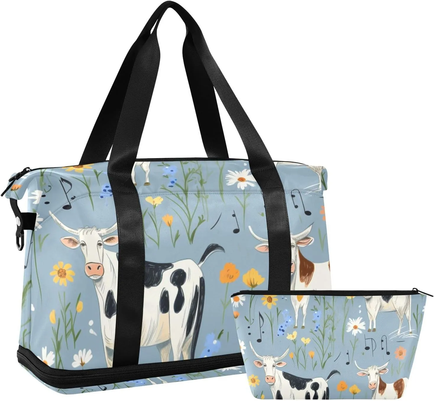ALAZA Cows Flowers Musical Notes Gym Bag Sports Duffel Bag with Shoes Compartment, Overnight Weekender Travel Tote Bag for Women Men Trip College