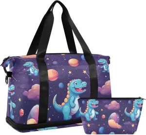 ALAZA Cute Dinosaur and Stars Gym Bag Sports Duffel Bag with Shoes Compartment, Overnight Weekender Travel Tote Bag for Women Men Trip College