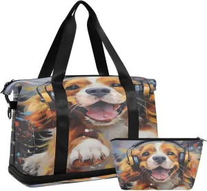 ALAZA Cute Dog and Music Gym Bag Sports Duffel Bag with Shoes Compartment, Overnight Weekender Travel Tote Bag for Women Men Trip College
