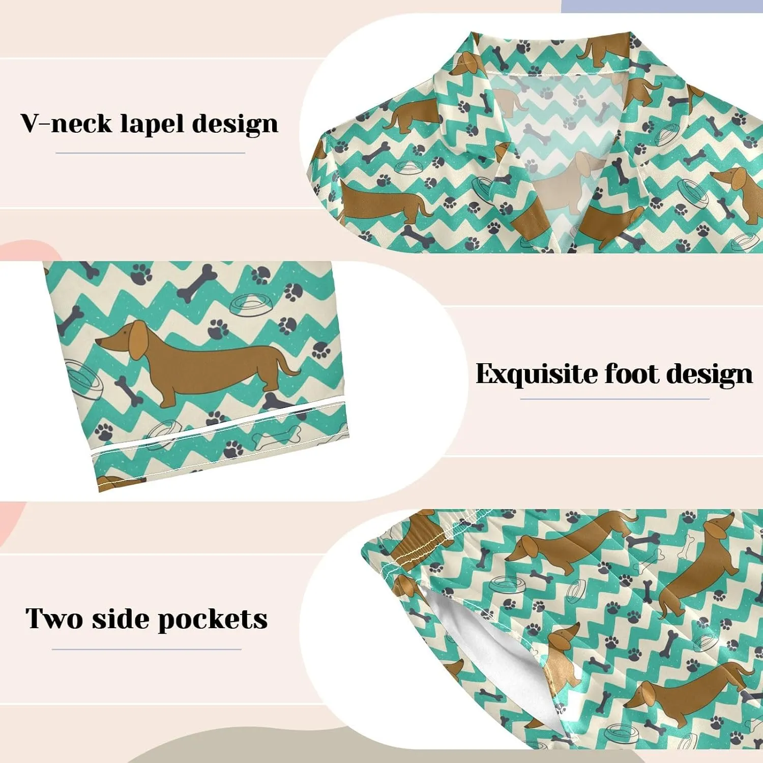 ALAZA Dachshund Dog Paw Print Chevron Women's Satin Pajama Set Long Sleeve Button Down Sleepwear