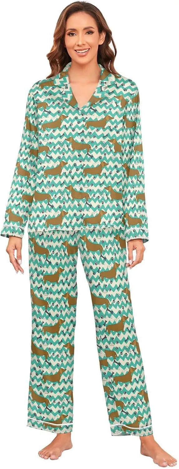 ALAZA Dachshund Dog Paw Print Chevron Women's Satin Pajama Set Long Sleeve Button Down Sleepwear