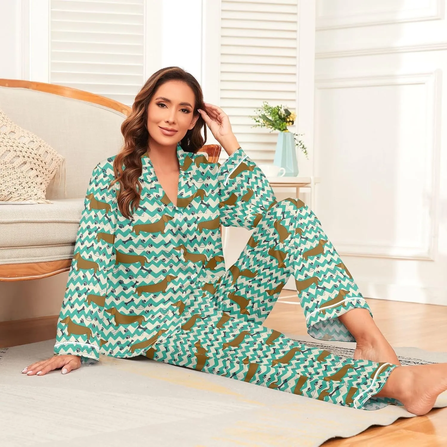 ALAZA Dachshund Dog Paw Print Chevron Women's Satin Pajama Set Long Sleeve Button Down Sleepwear