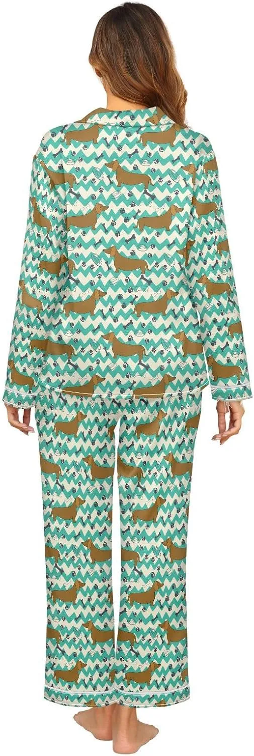 ALAZA Dachshund Dog Paw Print Chevron Women's Satin Pajama Set Long Sleeve Button Down Sleepwear