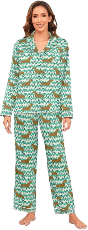 ALAZA Dachshund Dog Paw Print Chevron Women's Satin Pajama Set Long Sleeve Button Down Sleepwear