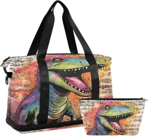 ALAZA Dinosaur and Music Notes Gym Bag Sports Duffel Bag with Shoes Compartment, Overnight Weekender Travel Tote Bag for Women Men Trip College