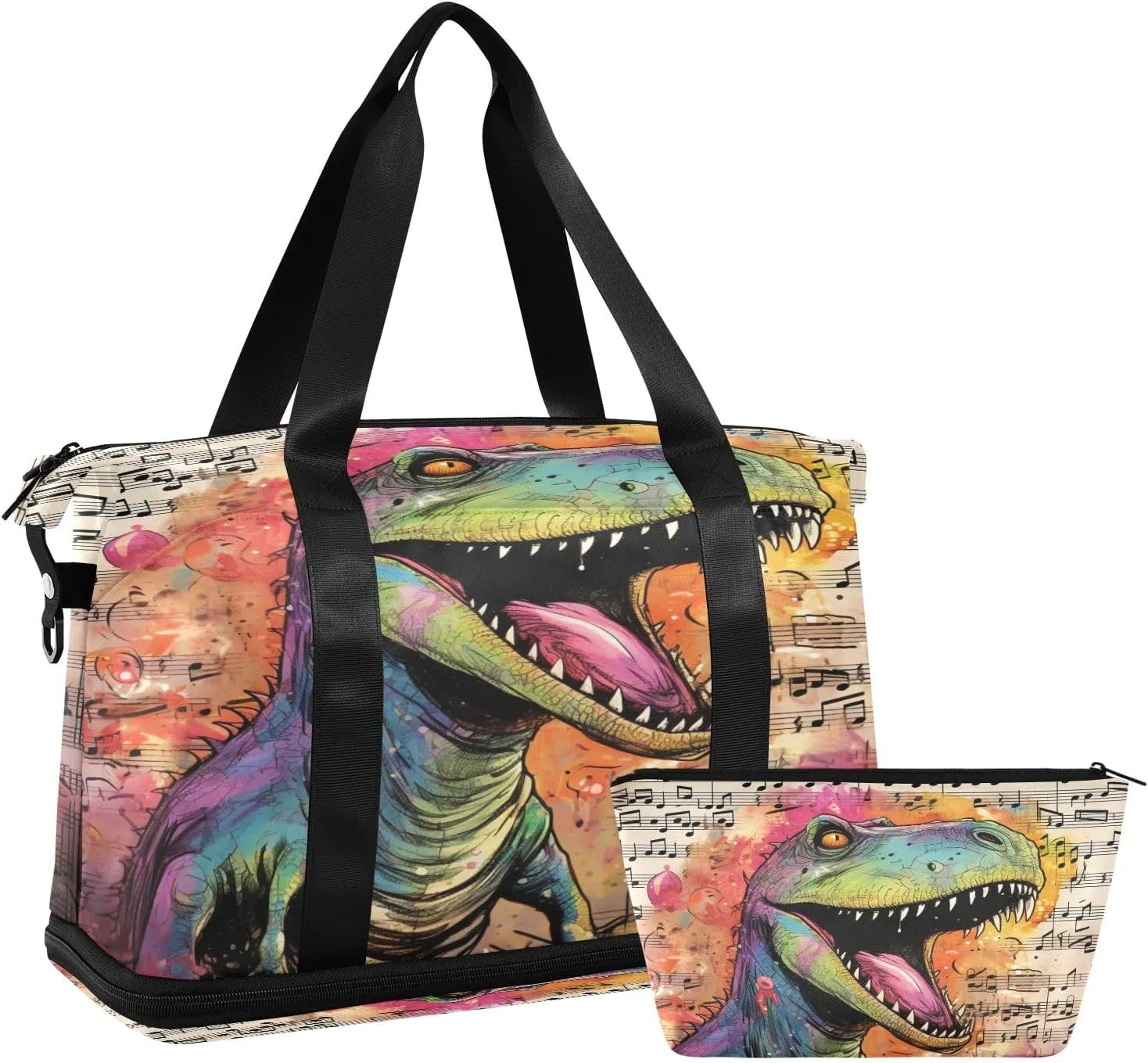 ALAZA Dinosaur and Music Notes Gym Bag Sports Duffel Bag with Shoes Compartment, Overnight Weekender Travel Tote Bag for Women Men Trip College