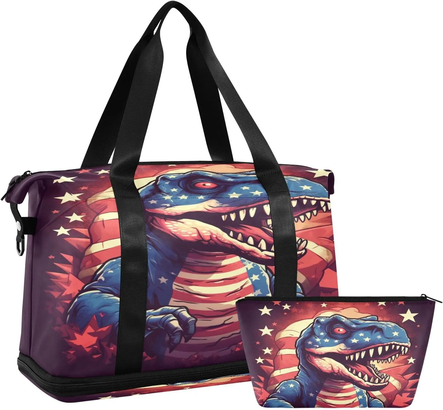 ALAZA Dinosaur and Usa Stars Gym Bag Sports Duffel Bag with Shoes Compartment, Overnight Weekender Travel Tote Bag for Women Men Trip College