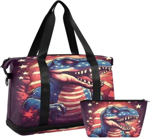ALAZA Dinosaur and Usa Stars Gym Bag Sports Duffel Bag with Shoes Compartment, Overnight Weekender Travel Tote Bag for Women Men Trip College