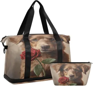 ALAZA Dog and Rose Flower Gym Bag Sports Duffel Bag with Shoes Compartment, Overnight Weekender Travel Tote Bag for Women Men Trip College
