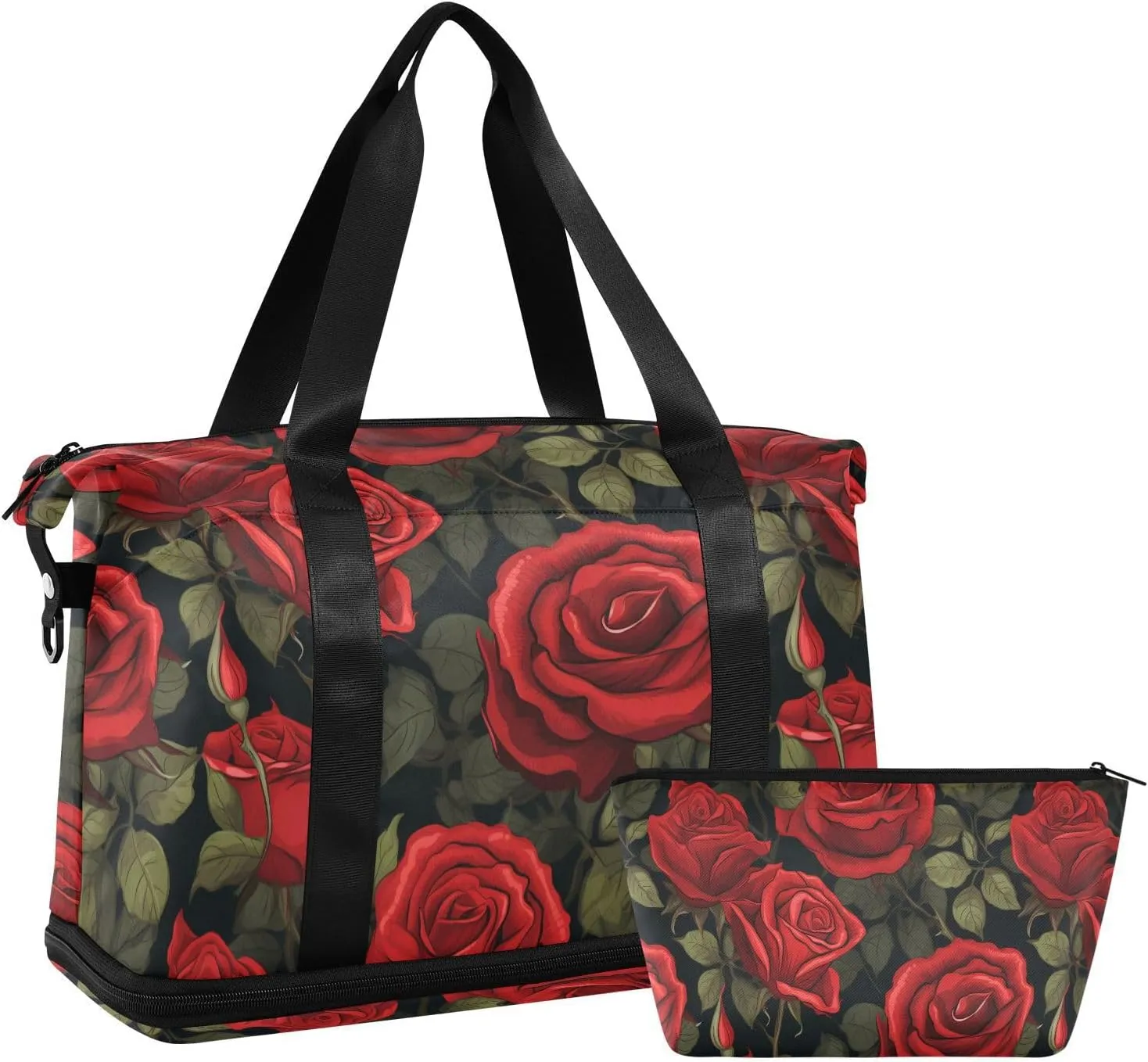 ALAZA Elegant Red Rose Leaves Gym Bag Sports Duffel Bag with Shoes Compartment, Overnight Weekender Travel Tote Bag for Women Men Trip College