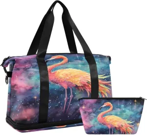 ALAZA Flamingo in The Galaxy Gym Bag Sports Duffel Bag with Shoes Compartment, Overnight Weekender Travel Tote Bag for Women Men Trip College