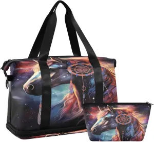 ALAZA Horse Dreamcatcher in The Galaxy Gym Bag Sports Duffel Bag with Shoes Compartment, Overnight Weekender Travel Tote Bag for Women Men Trip College