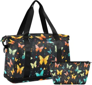 ALAZA Musical Notes Dots Butterfly Gym Bag Sports Duffel Bag with Shoes Compartment, Overnight Weekender Travel Tote Bag for Women Men Trip College