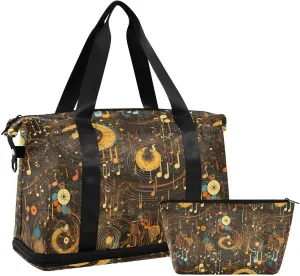 ALAZA Musical Notes Geometric Vintage Gym Bag Sports Duffel Bag with Shoes Compartment, Overnight Weekender Travel Tote Bag for Women Men Trip College