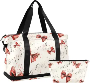 ALAZA Musical Notes Red Bows Gym Bag Sports Duffel Bag with Shoes Compartment, Overnight Weekender Travel Tote Bag for Women Men Trip College