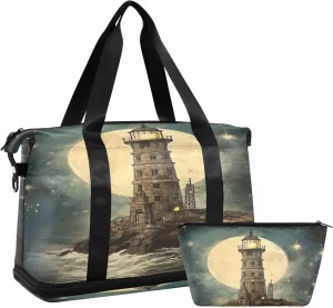 ALAZA Nautical Lighthouse Stars Moon Gym Bag Sports Duffel Bag with Shoes Compartment, Overnight Weekender Travel Tote Bag for Women Men Trip College