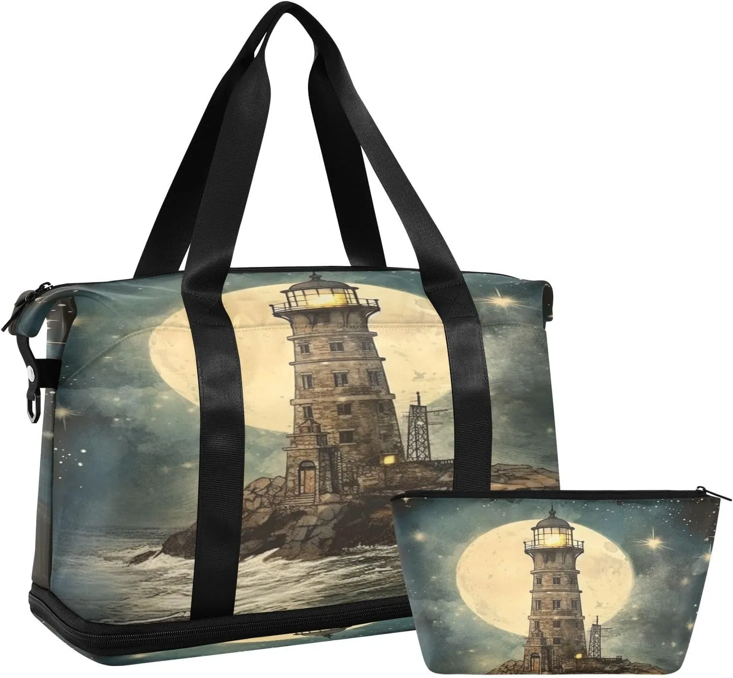 ALAZA Nautical Lighthouse Stars Moon Gym Bag Sports Duffel Bag with Shoes Compartment, Overnight Weekender Travel Tote Bag for Women Men Trip College