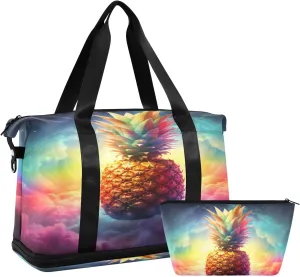 ALAZA Pineapple Rainbow Color Background Gym Bag Sports Duffel Bag with Shoes Compartment, Overnight Weekender Travel Tote Bag for Women Men Trip College