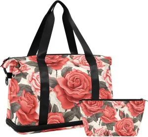 ALAZA Pink Red Roses Leaves Gym Bag Sports Duffel Bag with Shoes Compartment, Overnight Weekender Travel Tote Bag for Women Men Trip College