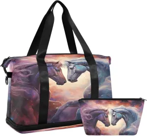 ALAZA Romantic Horses on The Space Gym Bag Sports Duffel Bag with Shoes Compartment, Overnight Weekender Travel Tote Bag for Women Men Trip College
