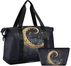ALAZA Romantic Moon and Music Notes Gym Bag Sports Duffel Bag with Shoes Compartment, Overnight Weekender Travel Tote Bag for Women Men Trip College